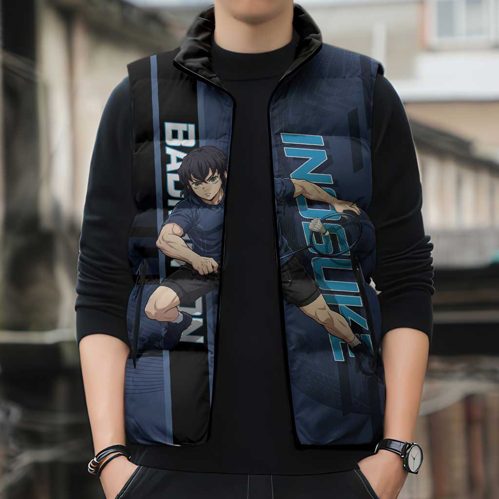 Personalized Inosuke Blue Lock Sleeveless Puffer Jacket Crossover Badminton Design with Action Pose - The Mazicc