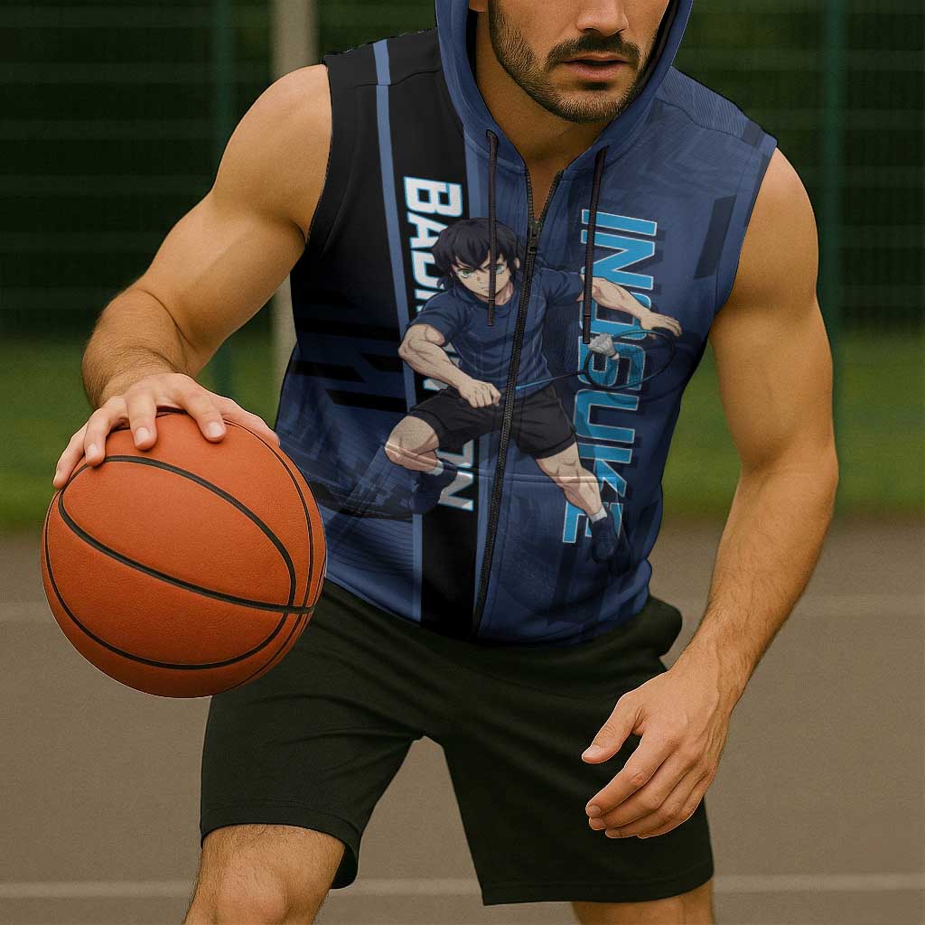 Personalized Inosuke Blue Lock Sleeveless Zip Hoodie Crossover Badminton Design with Action Pose - The Mazicc
