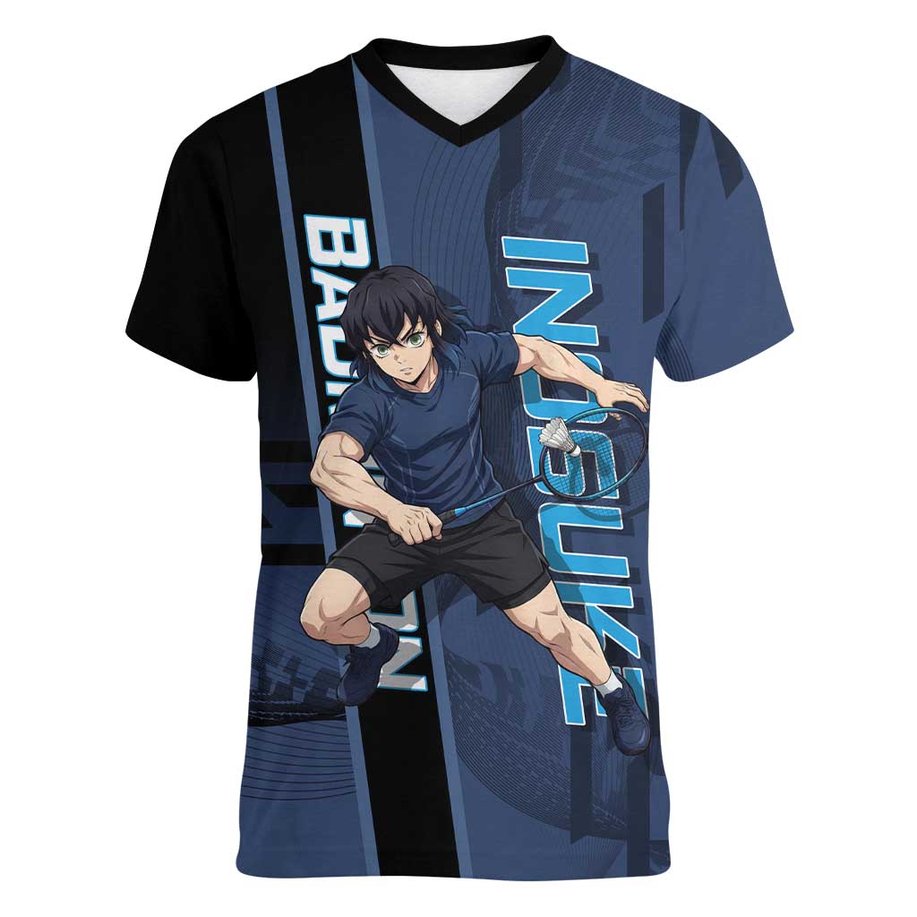 Personalized Inosuke Blue Lock Women V-Neck T-Shirt Crossover Badminton Design with Action Pose - The Mazicc