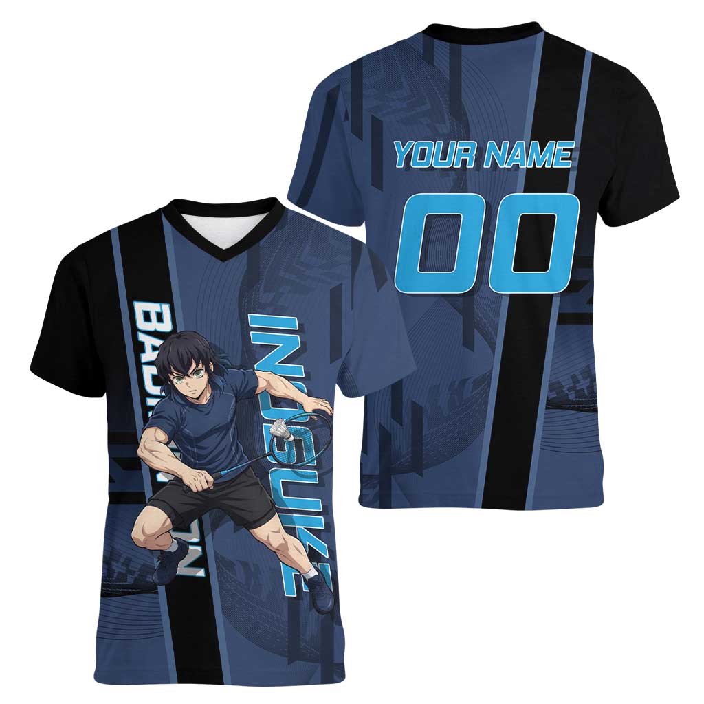Personalized Inosuke Blue Lock Women V-Neck T-Shirt Crossover Badminton Design with Action Pose - The Mazicc
