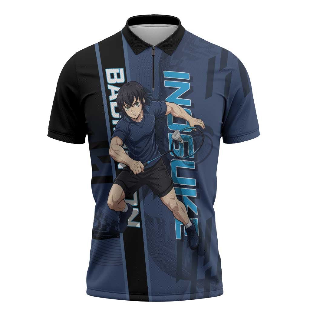 Personalized Inosuke Blue Lock Zipper Polo Shirt Crossover Badminton Design with Action Pose - The Mazicc