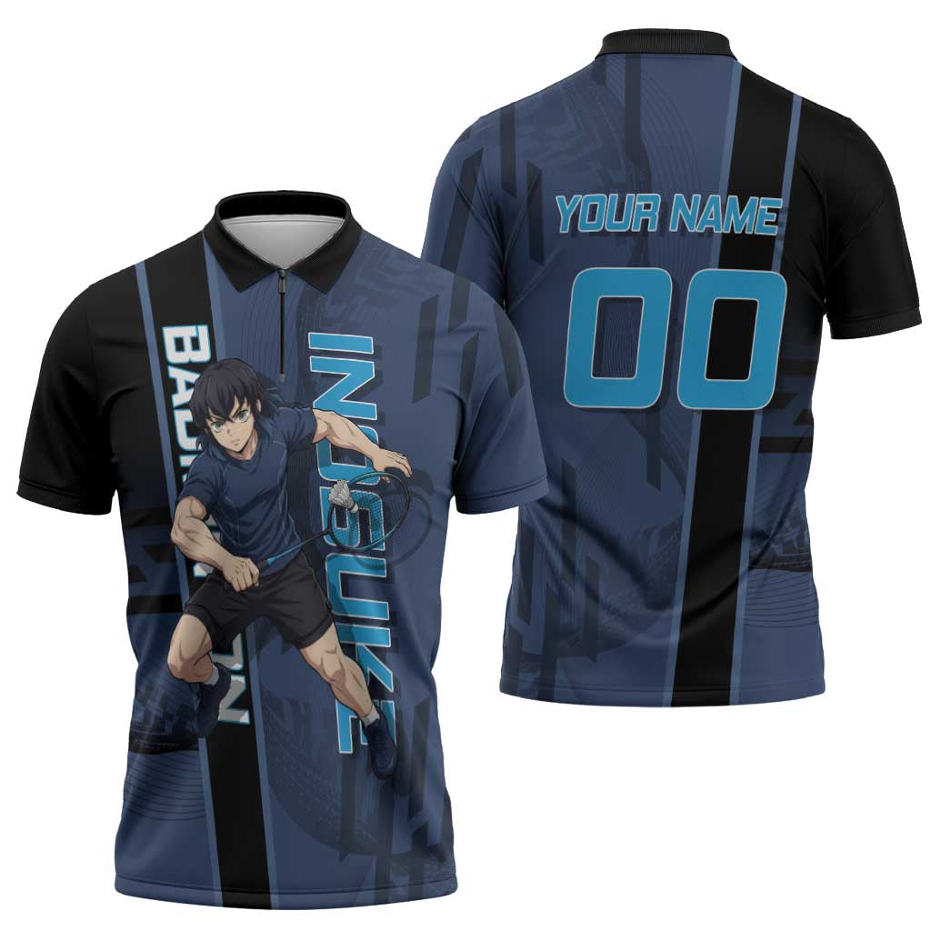 Personalized Inosuke Blue Lock Zipper Polo Shirt Crossover Badminton Design with Action Pose - The Mazicc