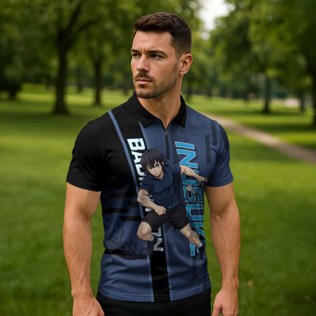 Personalized Inosuke Blue Lock Zipper Polo Shirt Crossover Badminton Design with Action Pose - The Mazicc