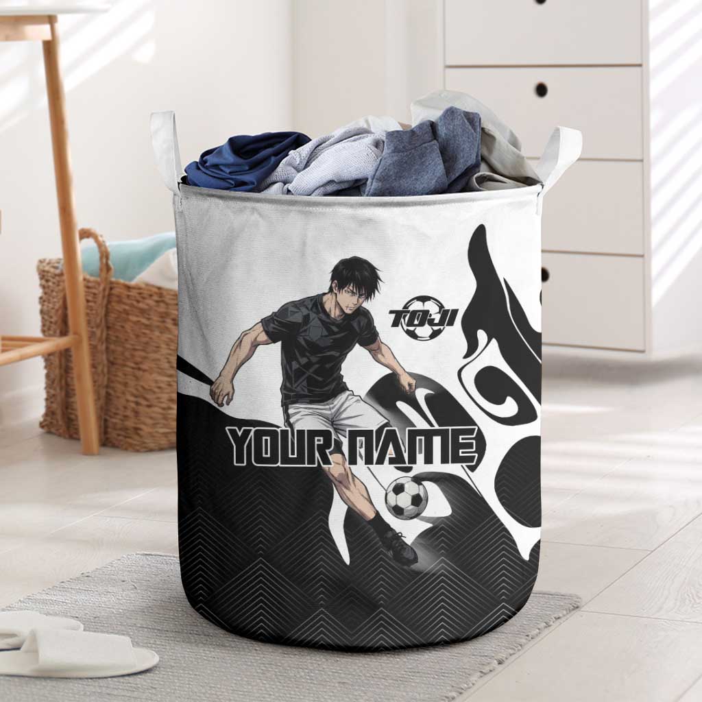 Personalized Toji Fushiguro Jujutsu Kaisen Soccer Theme Laundry Basket with Dribbling Pose and Monochrome Black White Flame Graphic Design - The Mazicc