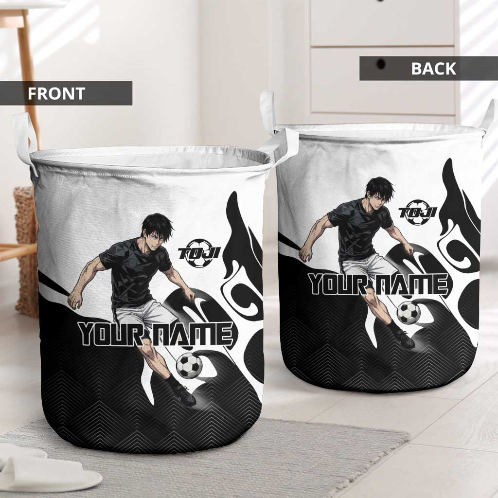 Personalized Toji Fushiguro Jujutsu Kaisen Soccer Theme Laundry Basket with Dribbling Pose and Monochrome Black White Flame Graphic Design - The Mazicc