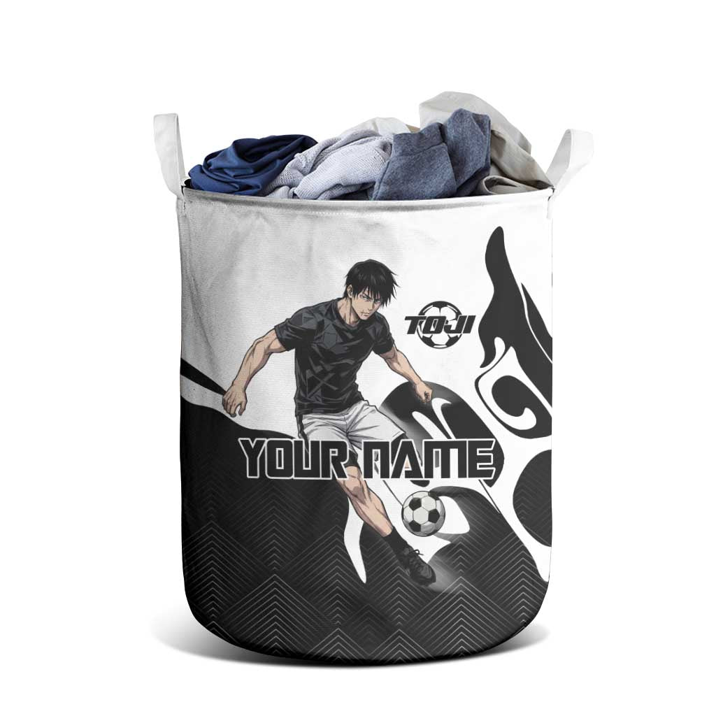 Personalized Toji Fushiguro Jujutsu Kaisen Soccer Theme Laundry Basket with Dribbling Pose and Monochrome Black White Flame Graphic Design - The Mazicc