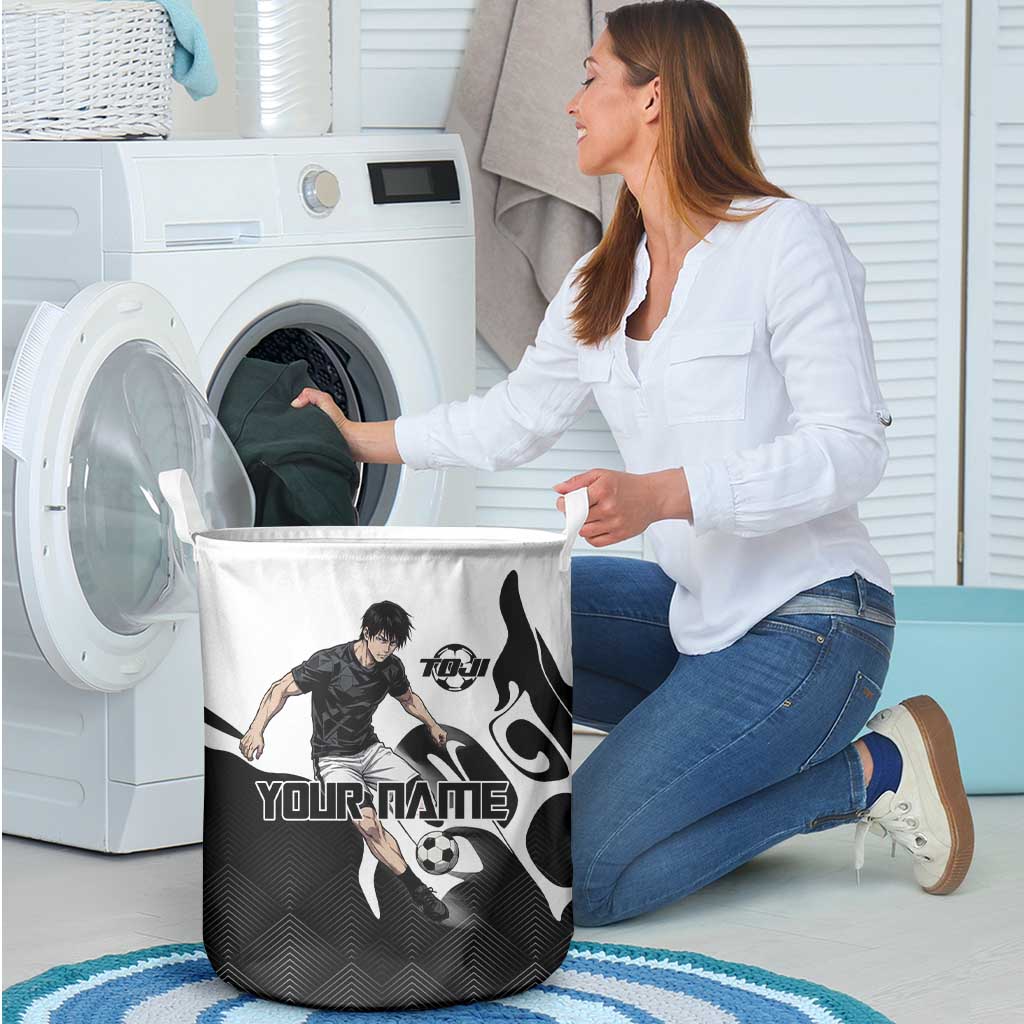 Personalized Toji Fushiguro Jujutsu Kaisen Soccer Theme Laundry Basket with Dribbling Pose and Monochrome Black White Flame Graphic Design - The Mazicc