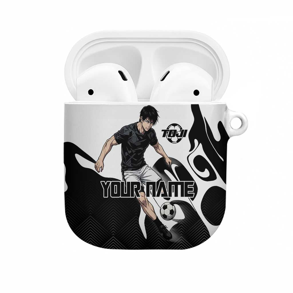 Personalized Toji Fushiguro Jujutsu Kaisen Soccer Theme AirPods Case with Dribbling Pose and Monochrome Black White Flame Graphic Design - The Mazicc