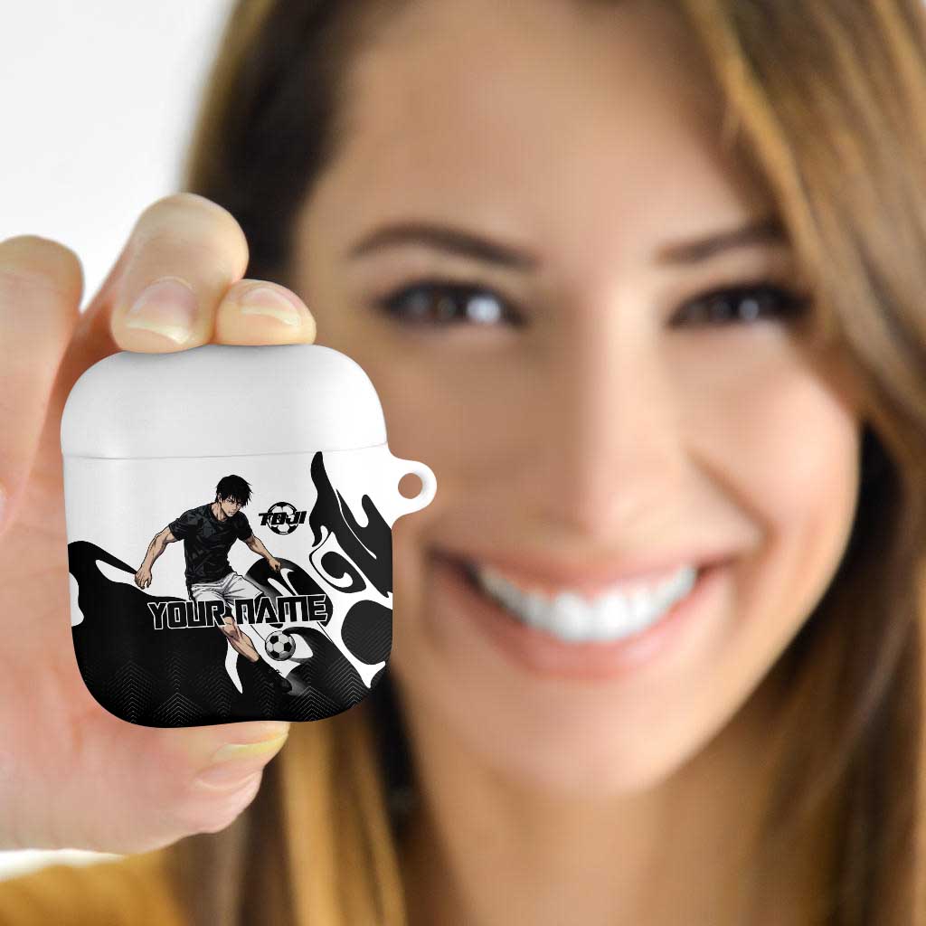 Personalized Toji Fushiguro Jujutsu Kaisen Soccer Theme AirPods Case with Dribbling Pose and Monochrome Black White Flame Graphic Design - The Mazicc