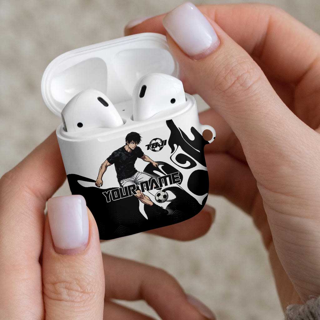 Personalized Toji Fushiguro Jujutsu Kaisen Soccer Theme AirPods Case with Dribbling Pose and Monochrome Black White Flame Graphic Design - The Mazicc