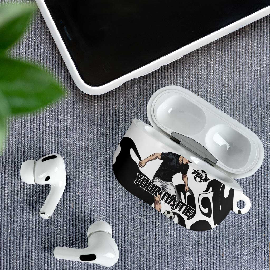 Personalized Toji Fushiguro Jujutsu Kaisen Soccer Theme AirPods Case with Dribbling Pose and Monochrome Black White Flame Graphic Design - The Mazicc
