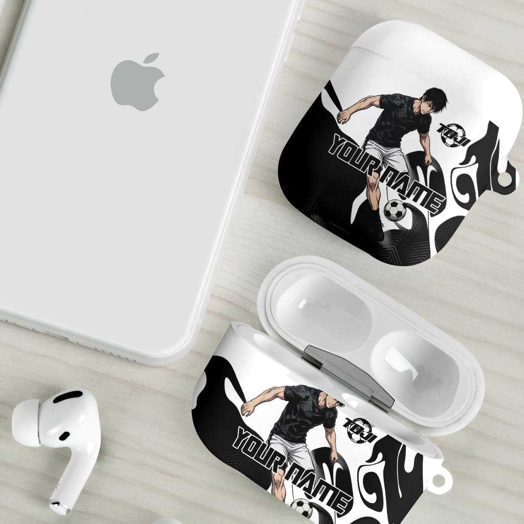Personalized Toji Fushiguro Jujutsu Kaisen Soccer Theme AirPods Case with Dribbling Pose and Monochrome Black White Flame Graphic Design - The Mazicc