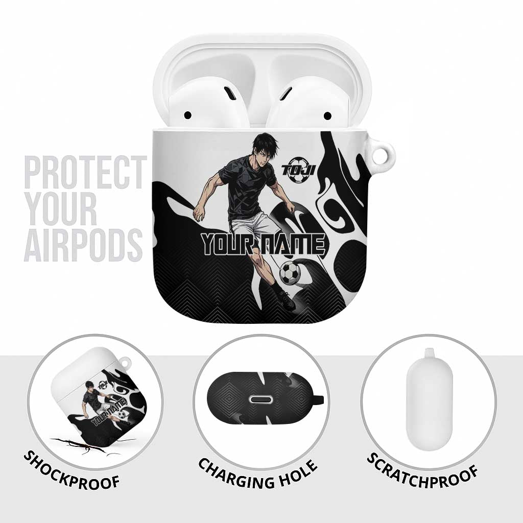 Personalized Toji Fushiguro Jujutsu Kaisen Soccer Theme AirPods Case with Dribbling Pose and Monochrome Black White Flame Graphic Design - The Mazicc