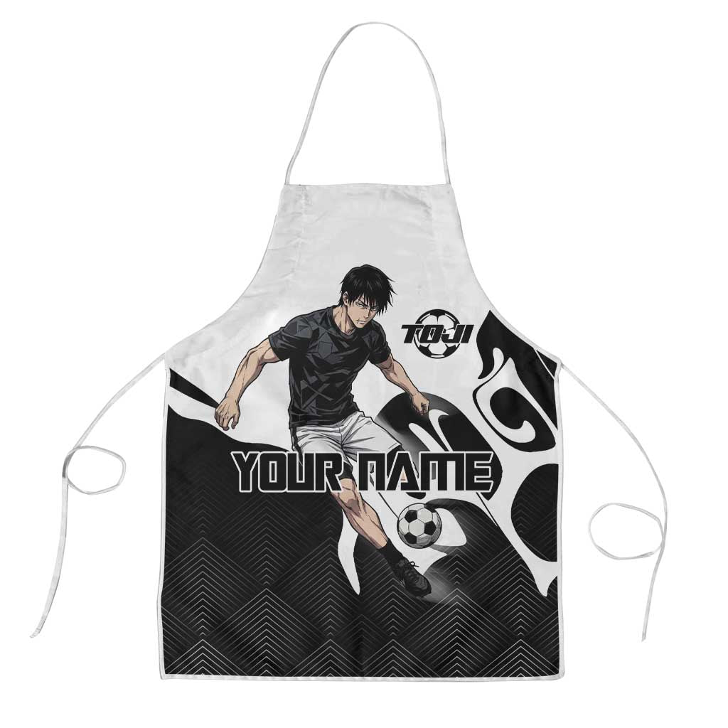 Personalized Toji Fushiguro Jujutsu Kaisen Soccer Theme Apron with Dribbling Pose and Monochrome Black White Flame Graphic Design - The Mazicc