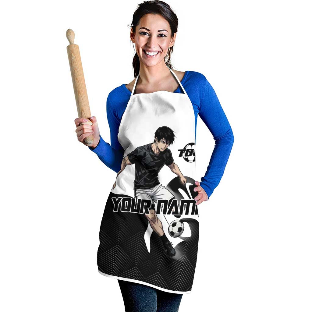 Personalized Toji Fushiguro Jujutsu Kaisen Soccer Theme Apron with Dribbling Pose and Monochrome Black White Flame Graphic Design - The Mazicc
