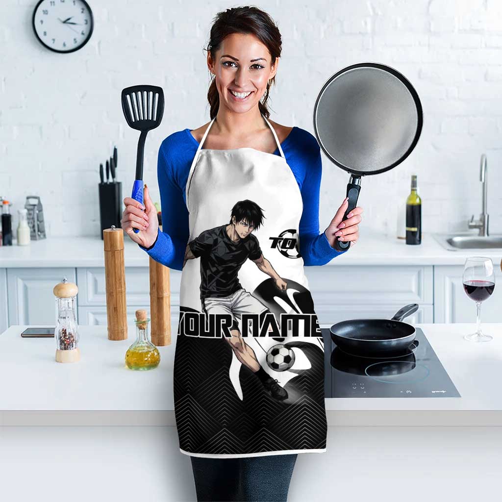Personalized Toji Fushiguro Jujutsu Kaisen Soccer Theme Apron with Dribbling Pose and Monochrome Black White Flame Graphic Design - The Mazicc