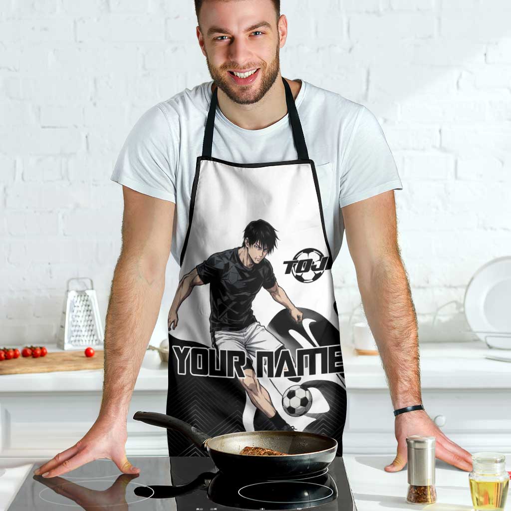 Personalized Toji Fushiguro Jujutsu Kaisen Soccer Theme Apron with Dribbling Pose and Monochrome Black White Flame Graphic Design - The Mazicc