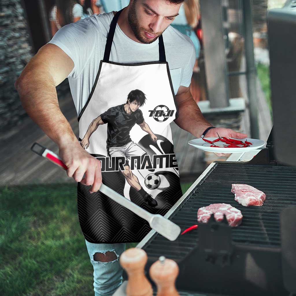 Personalized Toji Fushiguro Jujutsu Kaisen Soccer Theme Apron with Dribbling Pose and Monochrome Black White Flame Graphic Design - The Mazicc