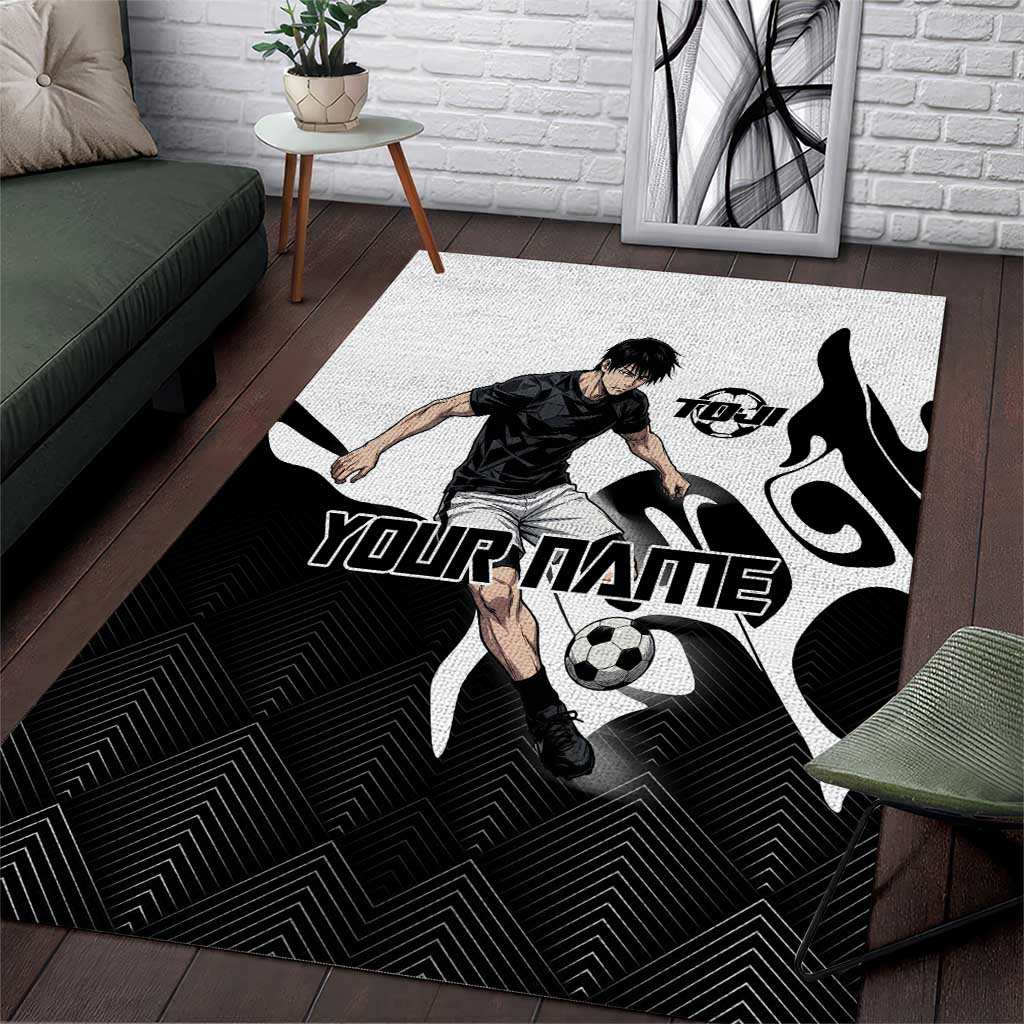 Personalized Toji Fushiguro Jujutsu Kaisen Soccer Theme Area Rug with Dribbling Pose and Monochrome Black White Flame Graphic Design - The Mazicc
