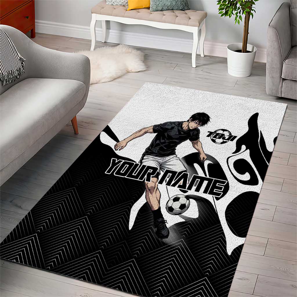 Personalized Toji Fushiguro Jujutsu Kaisen Soccer Theme Area Rug with Dribbling Pose and Monochrome Black White Flame Graphic Design - The Mazicc