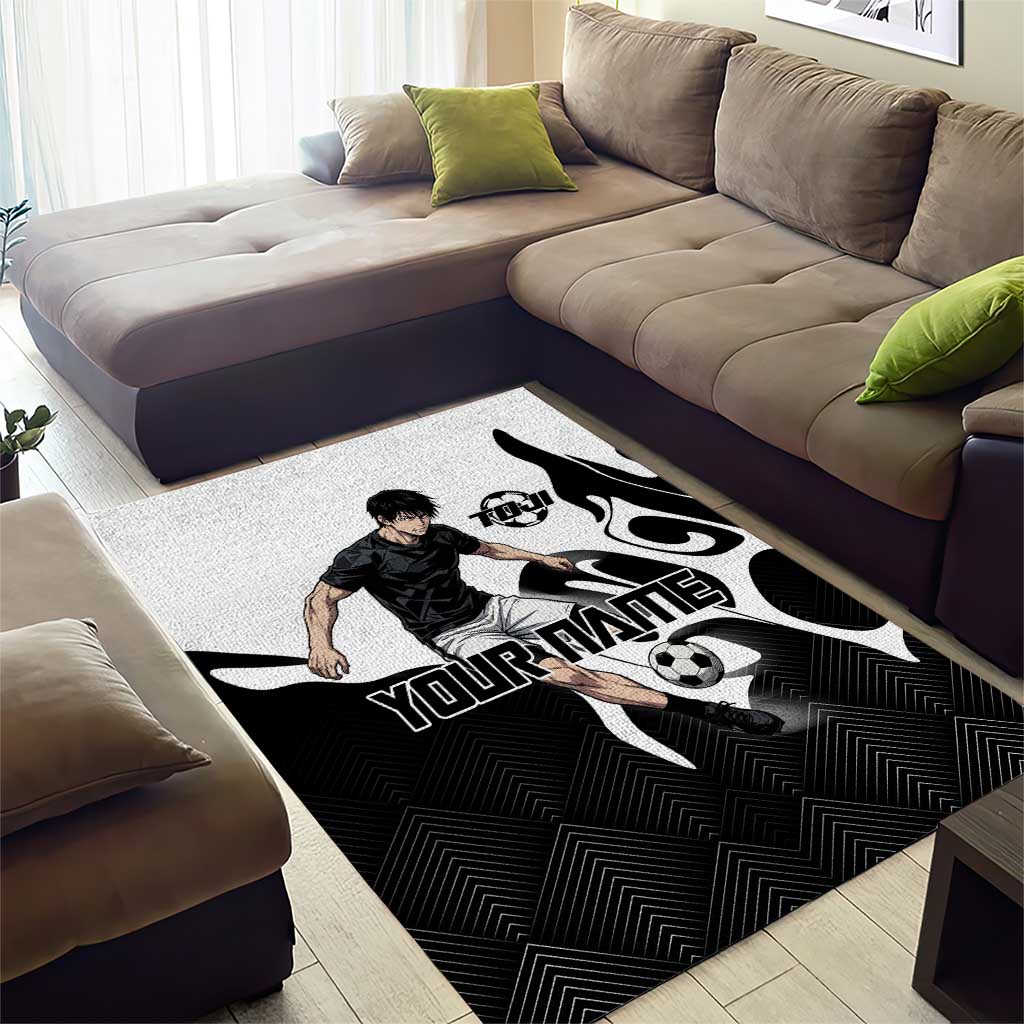 Personalized Toji Fushiguro Jujutsu Kaisen Soccer Theme Area Rug with Dribbling Pose and Monochrome Black White Flame Graphic Design - The Mazicc