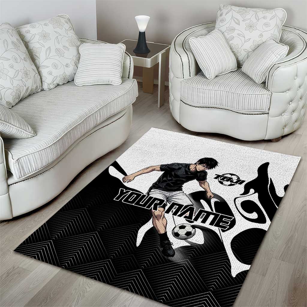 Personalized Toji Fushiguro Jujutsu Kaisen Soccer Theme Area Rug with Dribbling Pose and Monochrome Black White Flame Graphic Design - The Mazicc