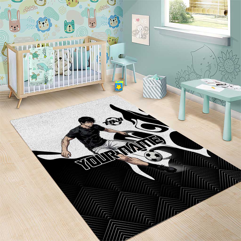 Personalized Toji Fushiguro Jujutsu Kaisen Soccer Theme Area Rug with Dribbling Pose and Monochrome Black White Flame Graphic Design - The Mazicc