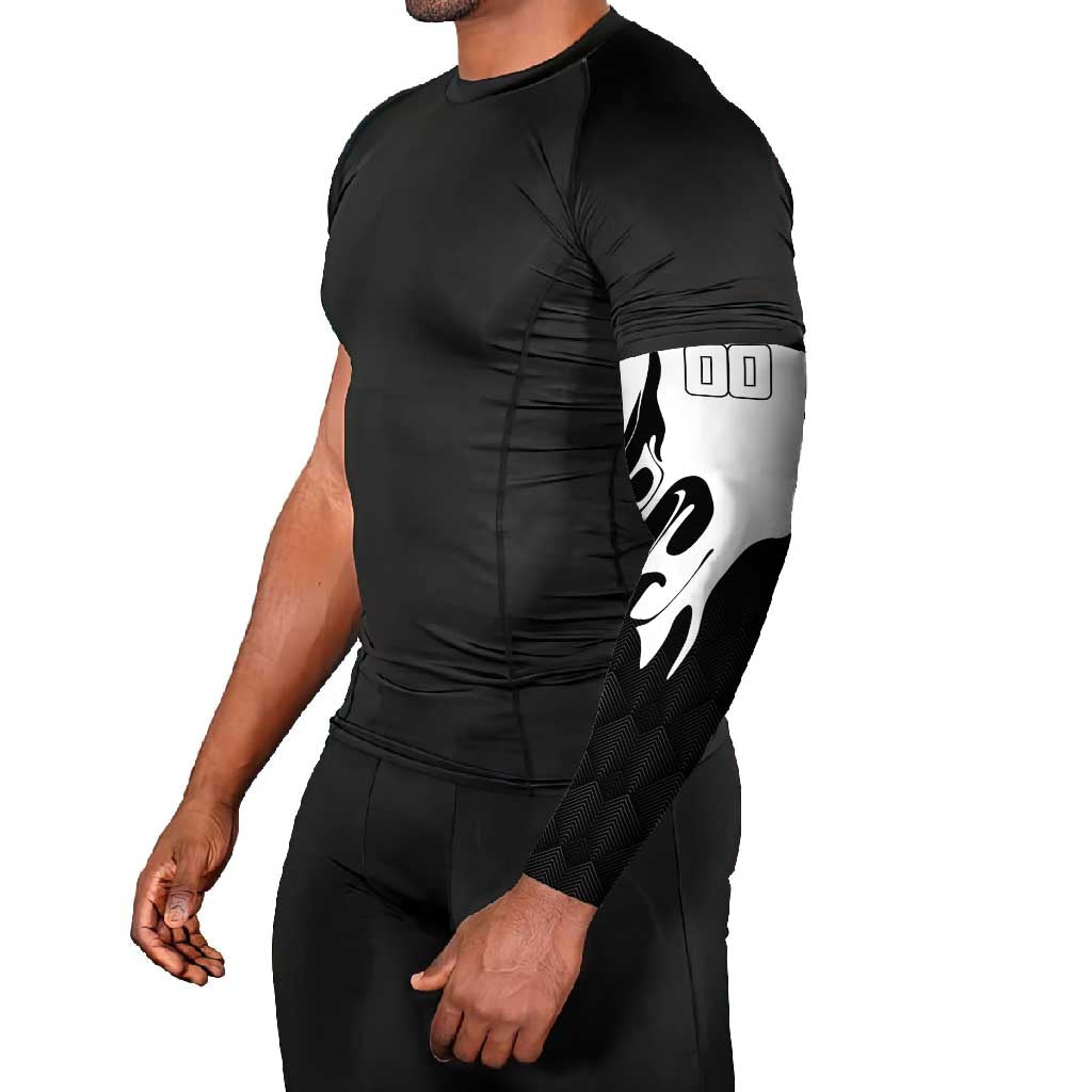 Personalized Toji Fushiguro Jujutsu Kaisen Soccer Theme Arm Sleeves with Dribbling Pose and Monochrome Black White Flame Graphic Design - The Mazicc
