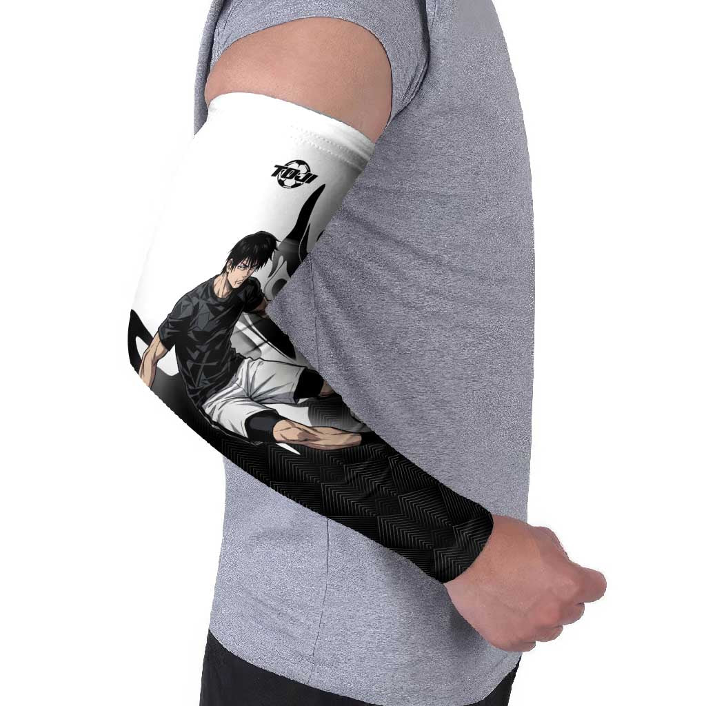 Personalized Toji Fushiguro Jujutsu Kaisen Soccer Theme Arm Sleeves with Dribbling Pose and Monochrome Black White Flame Graphic Design - The Mazicc
