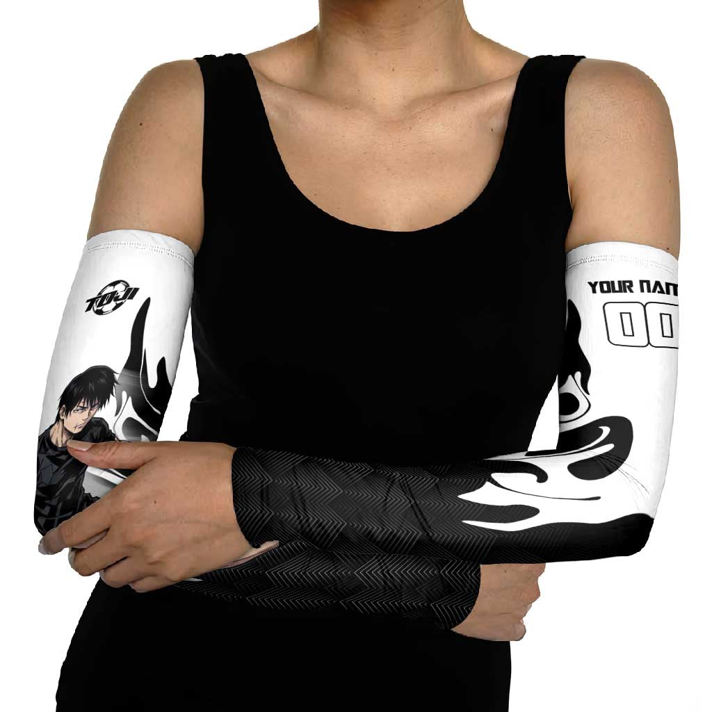 Personalized Toji Fushiguro Jujutsu Kaisen Soccer Theme Arm Sleeves with Dribbling Pose and Monochrome Black White Flame Graphic Design - The Mazicc