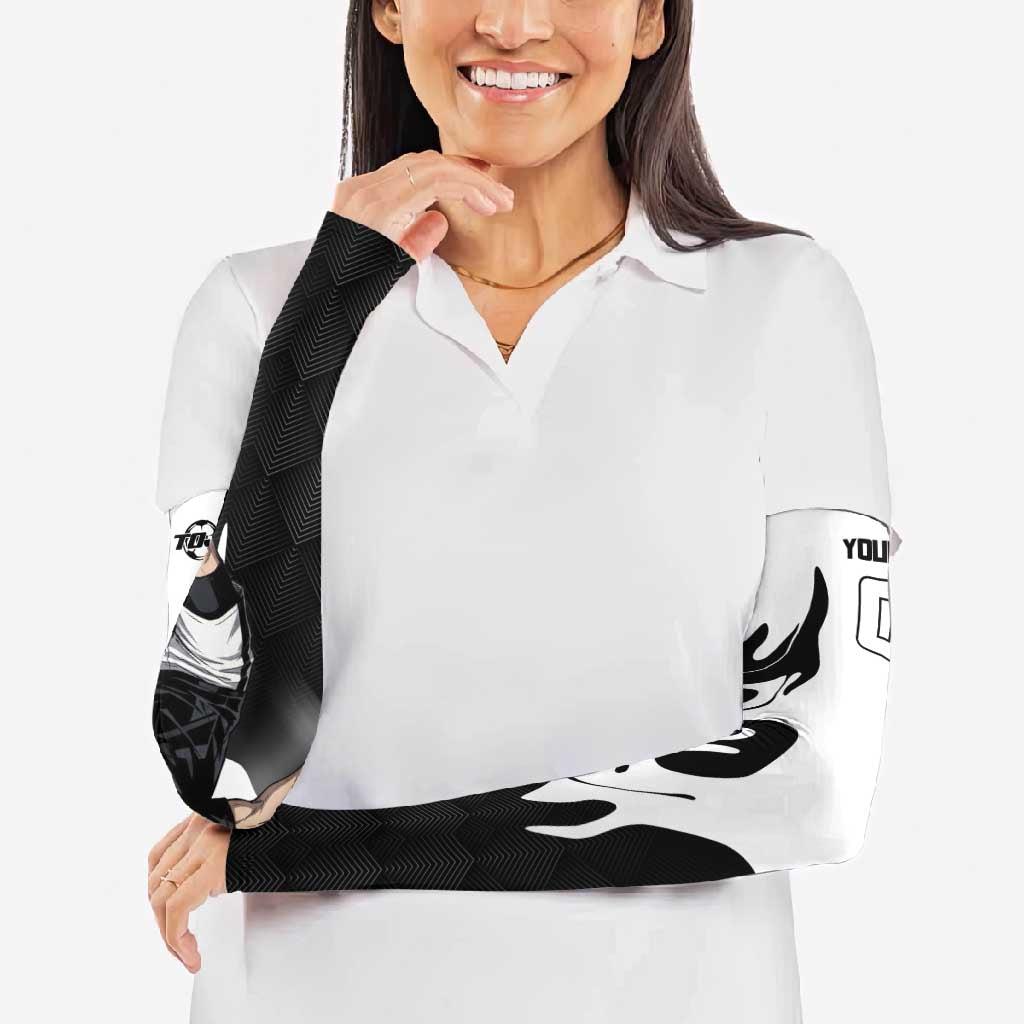 Personalized Toji Fushiguro Jujutsu Kaisen Soccer Theme Arm Sleeves with Dribbling Pose and Monochrome Black White Flame Graphic Design - The Mazicc