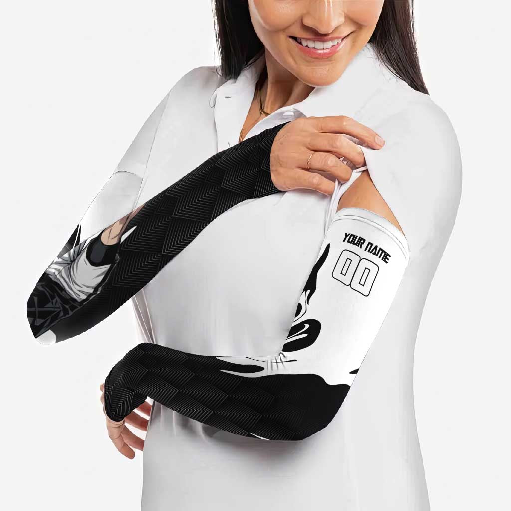 Personalized Toji Fushiguro Jujutsu Kaisen Soccer Theme Arm Sleeves with Dribbling Pose and Monochrome Black White Flame Graphic Design - The Mazicc