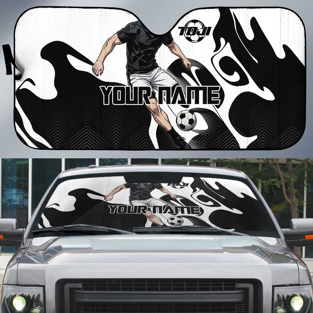 Personalized Toji Fushiguro Jujutsu Kaisen Soccer Theme Auto Sun Shade with Dribbling Pose and Monochrome Black White Flame Graphic Design - The Mazicc