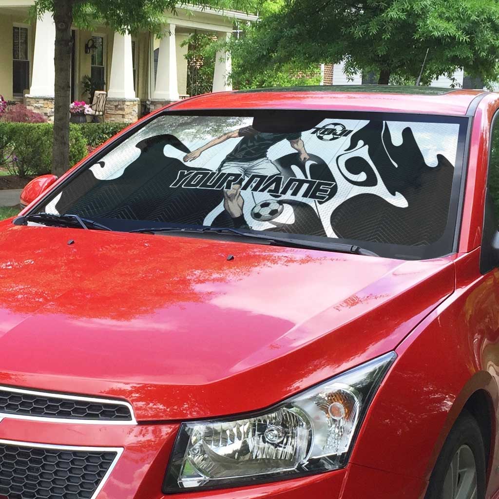 Personalized Toji Fushiguro Jujutsu Kaisen Soccer Theme Auto Sun Shade with Dribbling Pose and Monochrome Black White Flame Graphic Design - The Mazicc