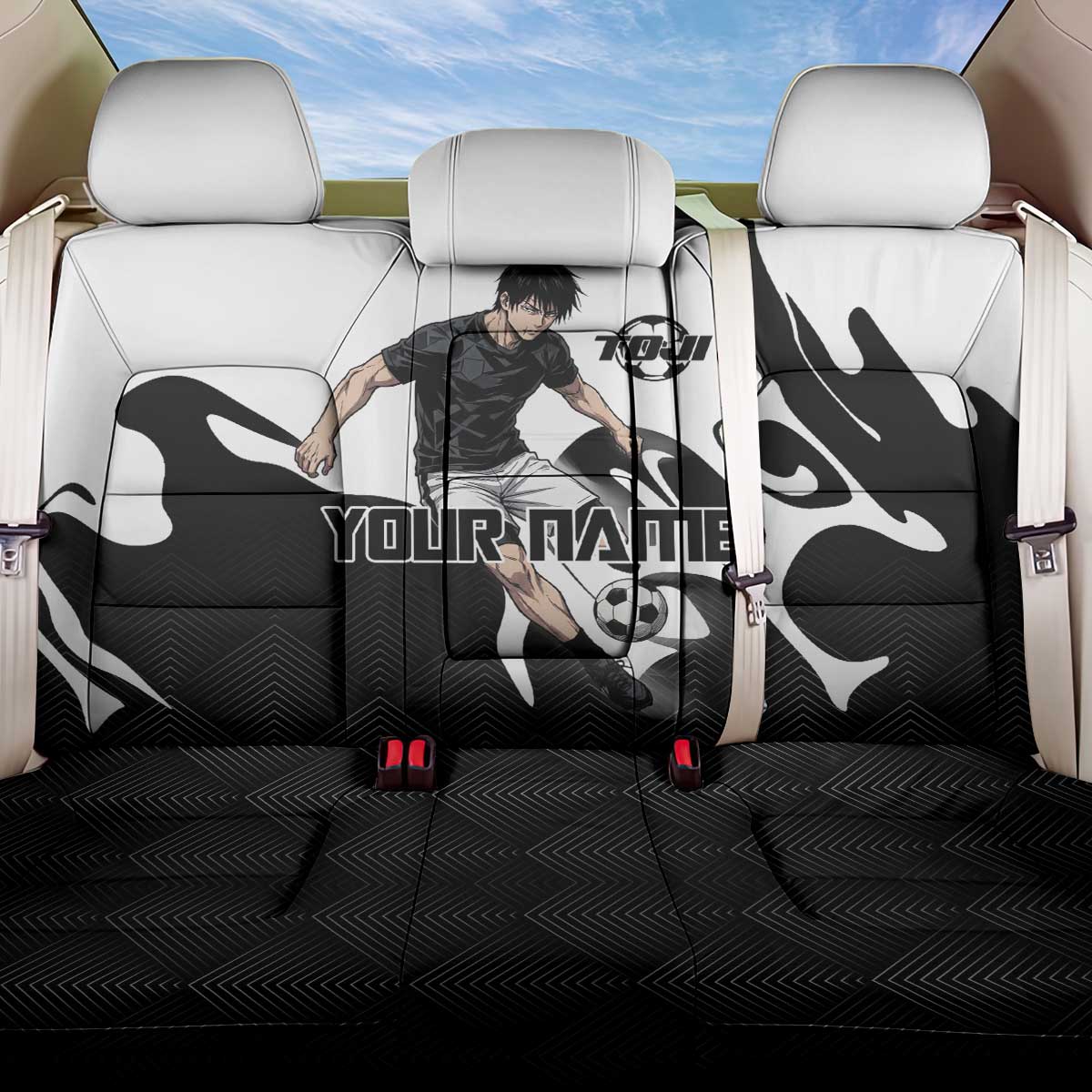 Personalized Toji Fushiguro Jujutsu Kaisen Soccer Theme Back Car Seat Cover with Dribbling Pose and Monochrome Black White Flame Graphic Design - The Mazicc