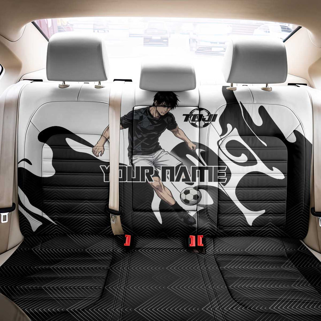Personalized Toji Fushiguro Jujutsu Kaisen Soccer Theme Back Car Seat Cover with Dribbling Pose and Monochrome Black White Flame Graphic Design - The Mazicc