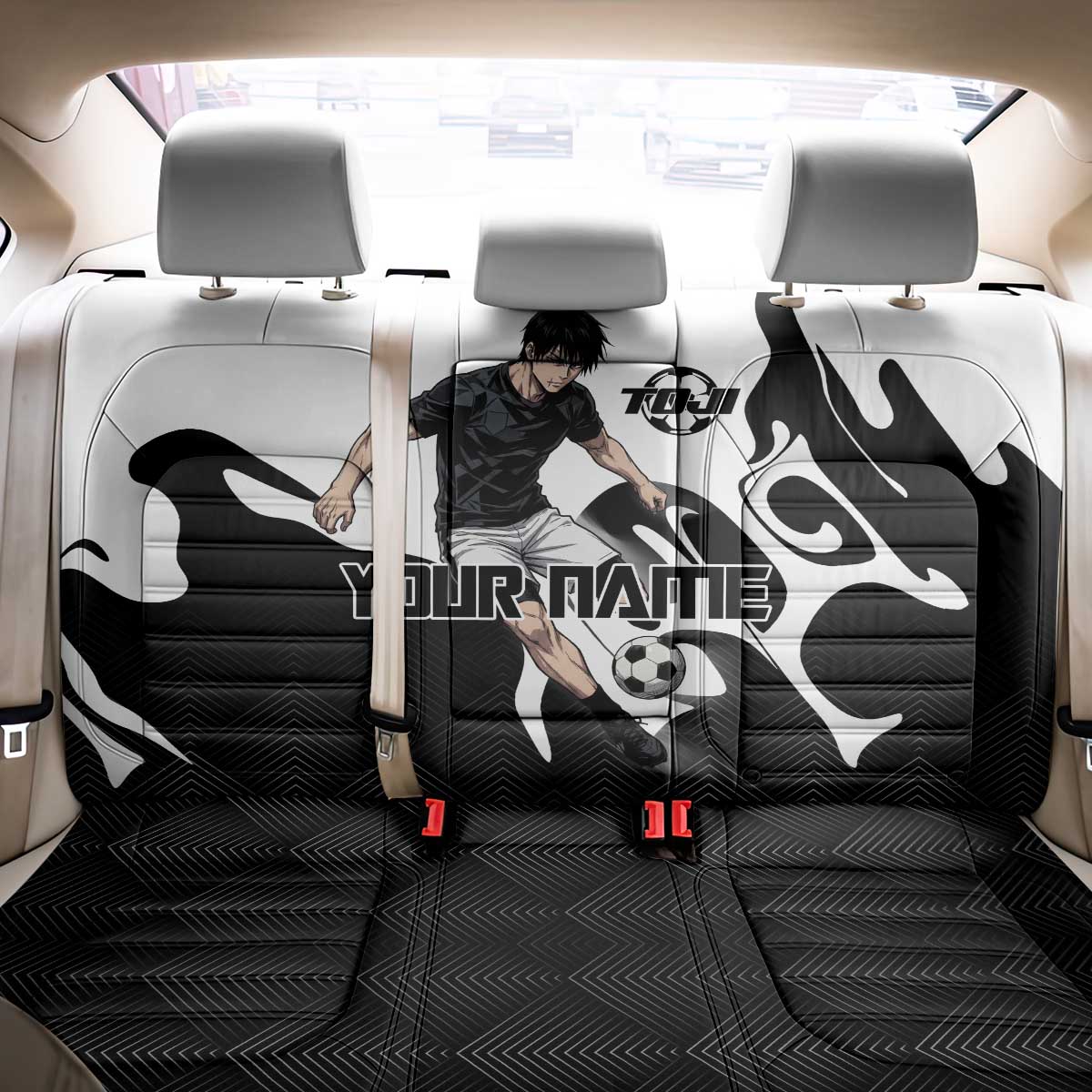 Personalized Toji Fushiguro Jujutsu Kaisen Soccer Theme Back Car Seat Cover with Dribbling Pose and Monochrome Black White Flame Graphic Design - The Mazicc