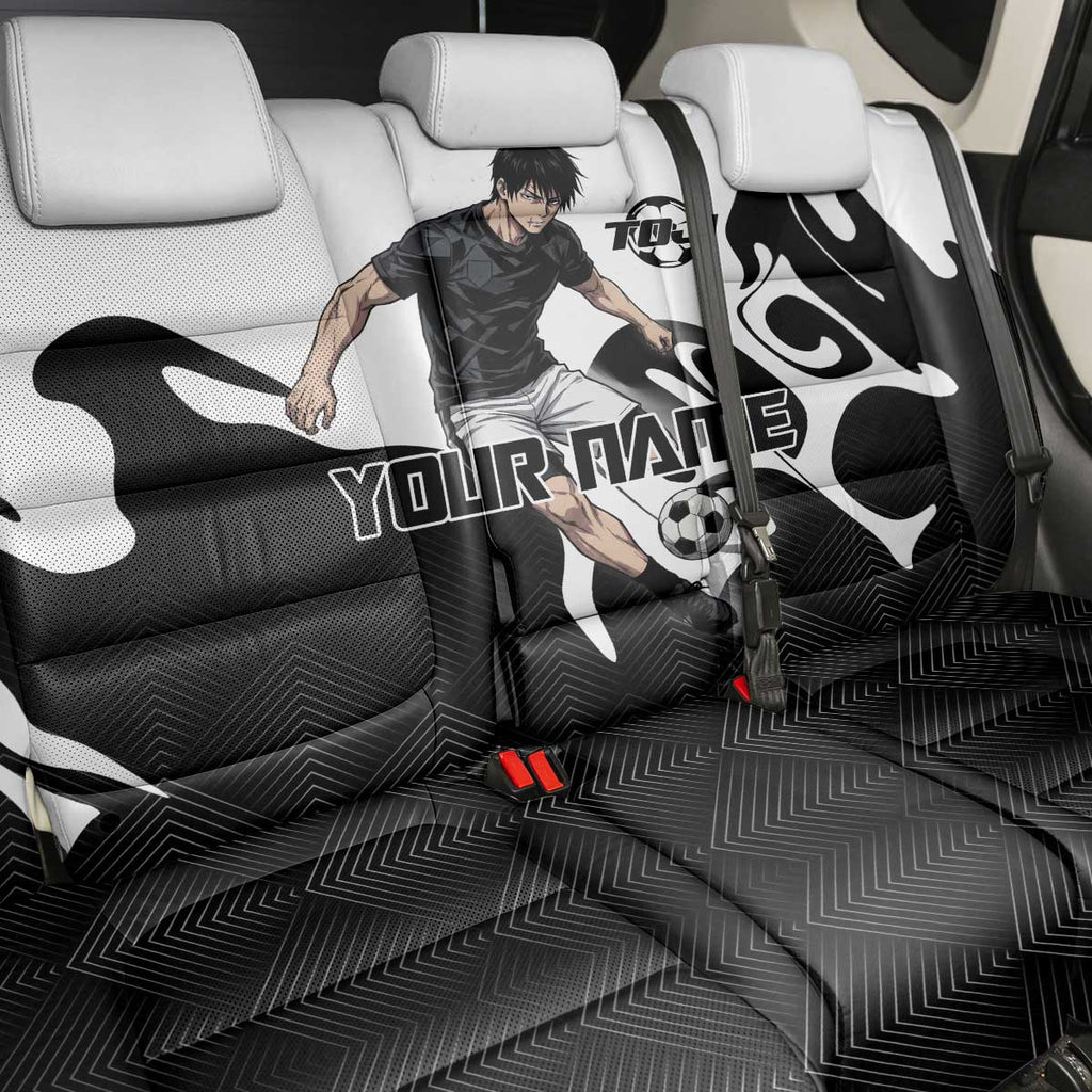 Personalized Toji Fushiguro Jujutsu Kaisen Soccer Theme Back Car Seat Cover with Dribbling Pose and Monochrome Black White Flame Graphic Design - The Mazicc