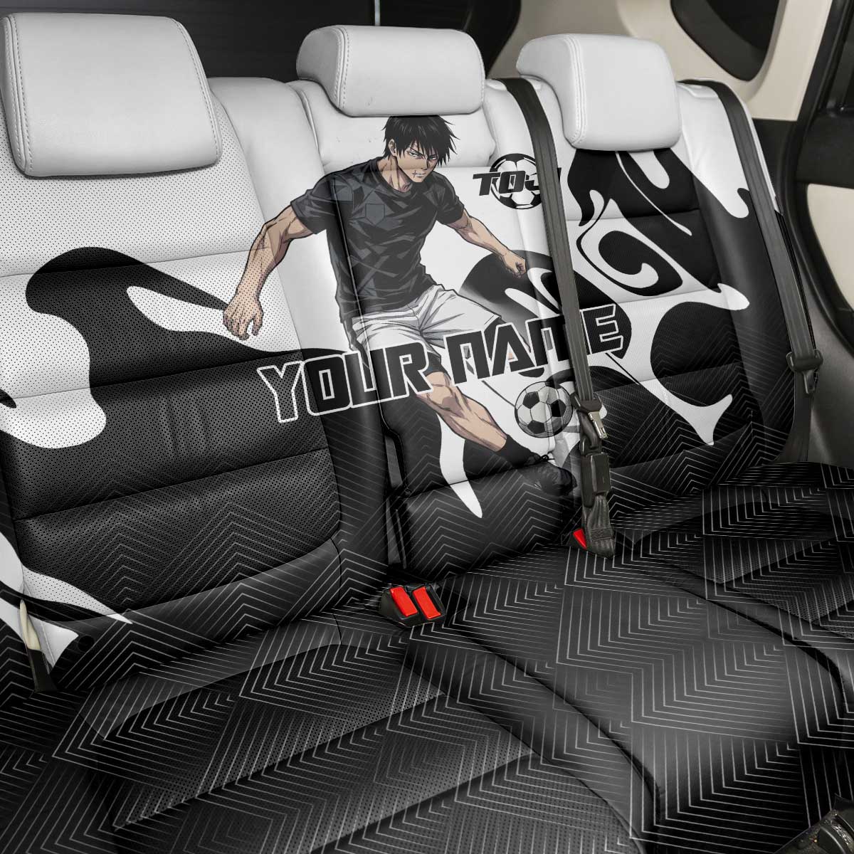 Personalized Toji Fushiguro Jujutsu Kaisen Soccer Theme Back Car Seat Cover with Dribbling Pose and Monochrome Black White Flame Graphic Design - The Mazicc