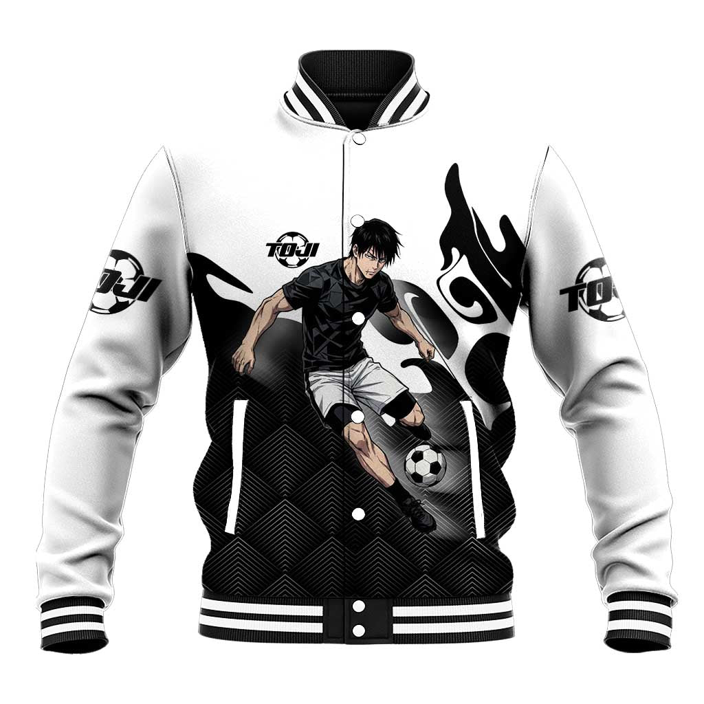 Personalized Toji Fushiguro Jujutsu Kaisen Soccer Theme Baseball Jacket with Dribbling Pose and Monochrome Black White Flame Graphic Design - The Mazicc