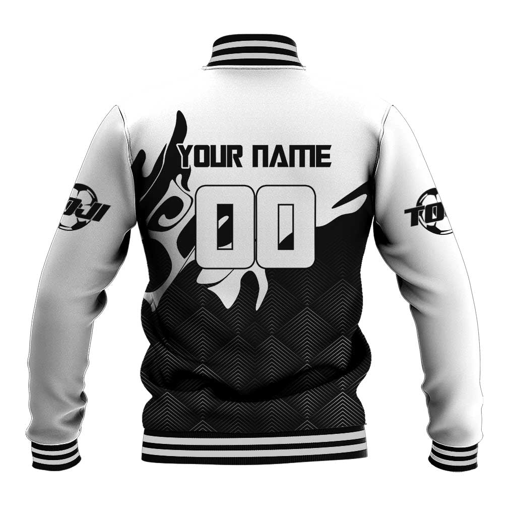 Personalized Toji Fushiguro Jujutsu Kaisen Soccer Theme Baseball Jacket with Dribbling Pose and Monochrome Black White Flame Graphic Design - The Mazicc