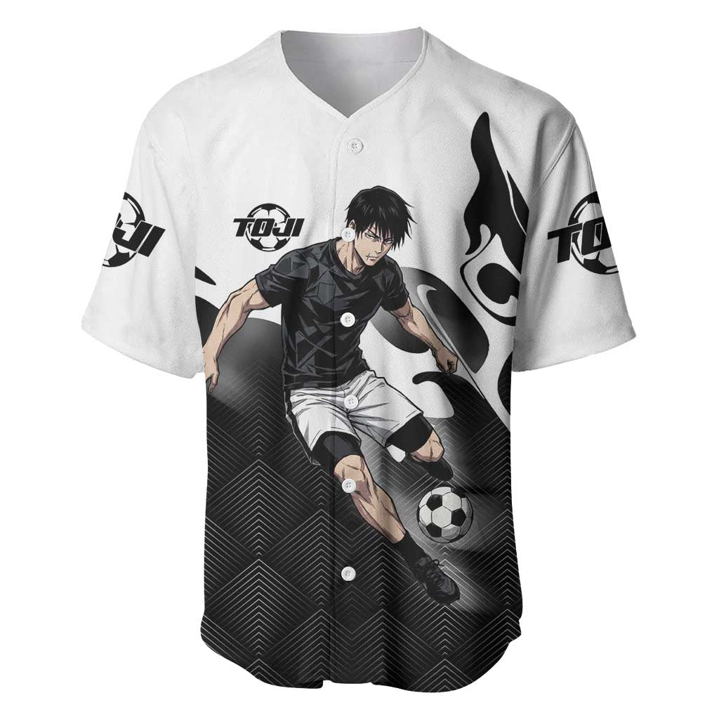 Personalized Toji Fushiguro Jujutsu Kaisen Soccer Theme Baseball Jersey with Dribbling Pose and Monochrome Black White Flame Graphic Design - The Mazicc