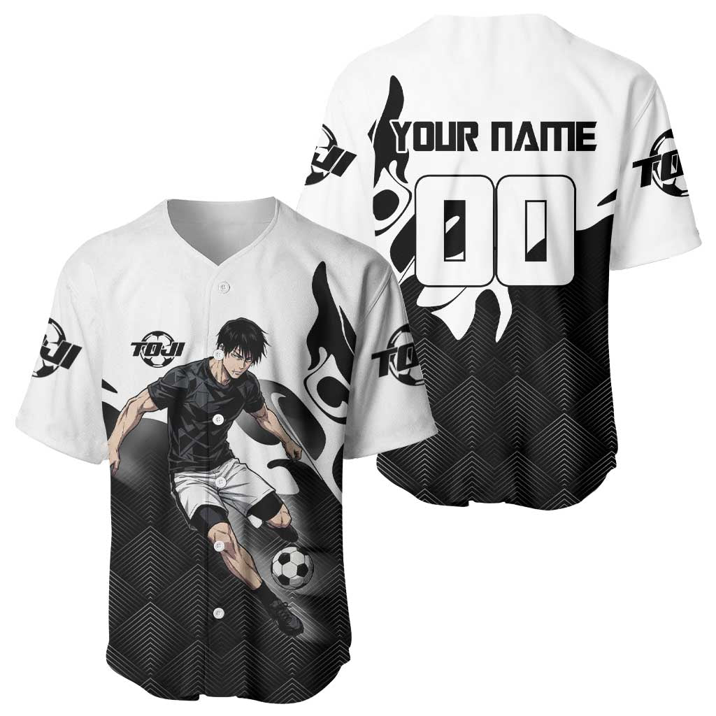 Personalized Toji Fushiguro Jujutsu Kaisen Soccer Theme Baseball Jersey with Dribbling Pose and Monochrome Black White Flame Graphic Design - The Mazicc