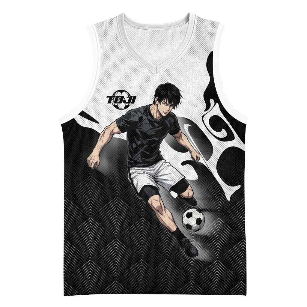 Personalized Toji Fushiguro Jujutsu Kaisen Soccer Theme Basketball Jersey with Dribbling Pose and Monochrome Black White Flame Graphic Design - The Mazicc