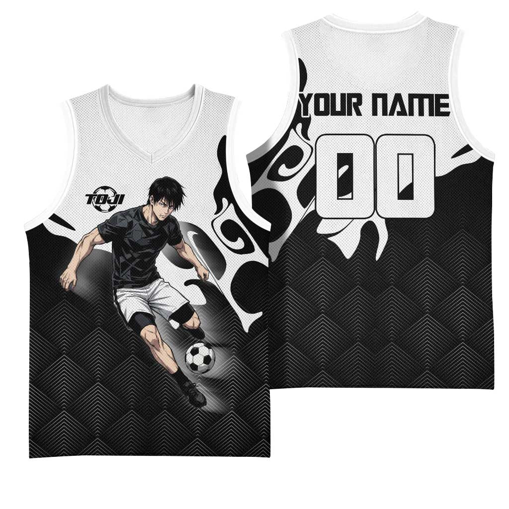 Personalized Toji Fushiguro Jujutsu Kaisen Soccer Theme Basketball Jersey with Dribbling Pose and Monochrome Black White Flame Graphic Design - The Mazicc