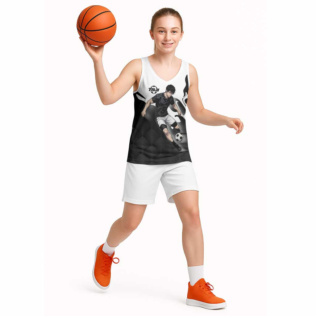 Personalized Toji Fushiguro Jujutsu Kaisen Soccer Theme Basketball Jersey with Dribbling Pose and Monochrome Black White Flame Graphic Design - The Mazicc
