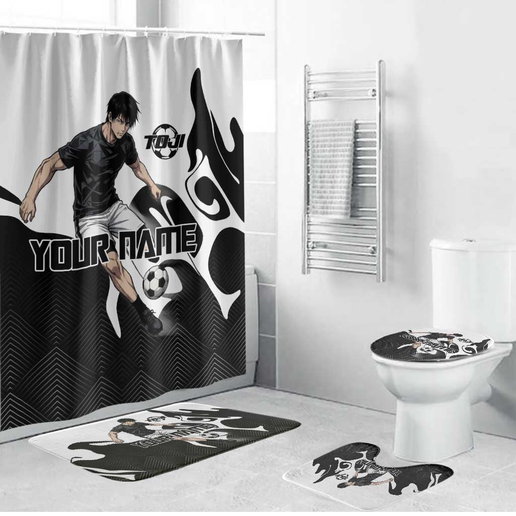 Personalized Toji Fushiguro Jujutsu Kaisen Soccer Theme Bathroom Set with Dribbling Pose and Monochrome Black White Flame Graphic Design - The Mazicc