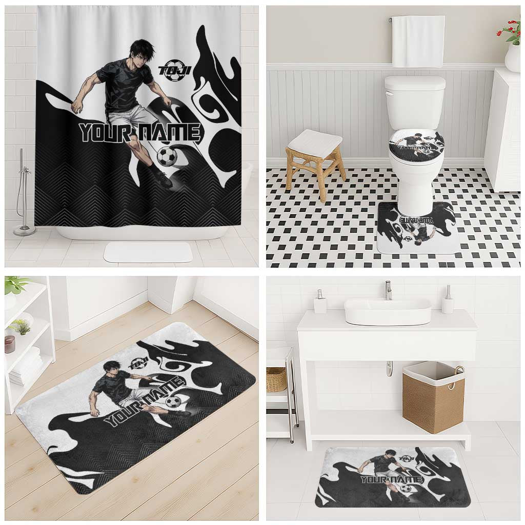 Personalized Toji Fushiguro Jujutsu Kaisen Soccer Theme Bathroom Set with Dribbling Pose and Monochrome Black White Flame Graphic Design - The Mazicc