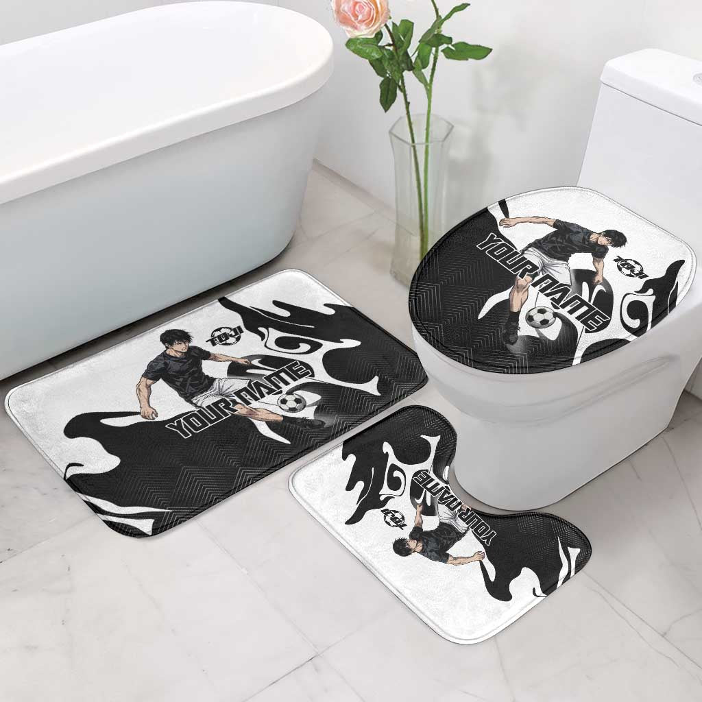 Personalized Toji Fushiguro Jujutsu Kaisen Soccer Theme Bathroom Set with Dribbling Pose and Monochrome Black White Flame Graphic Design - The Mazicc