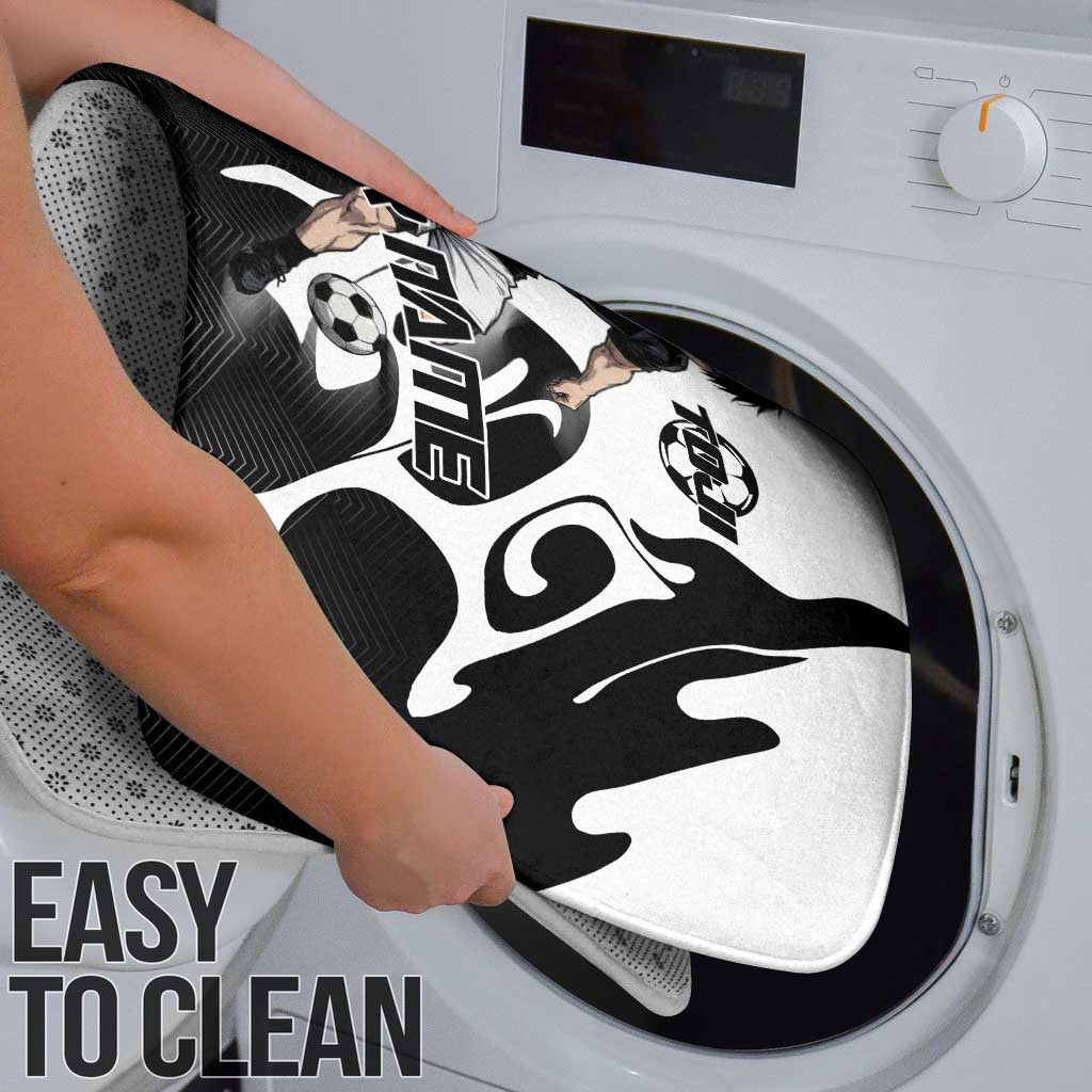 Personalized Toji Fushiguro Jujutsu Kaisen Soccer Theme Bathroom Set with Dribbling Pose and Monochrome Black White Flame Graphic Design - The Mazicc